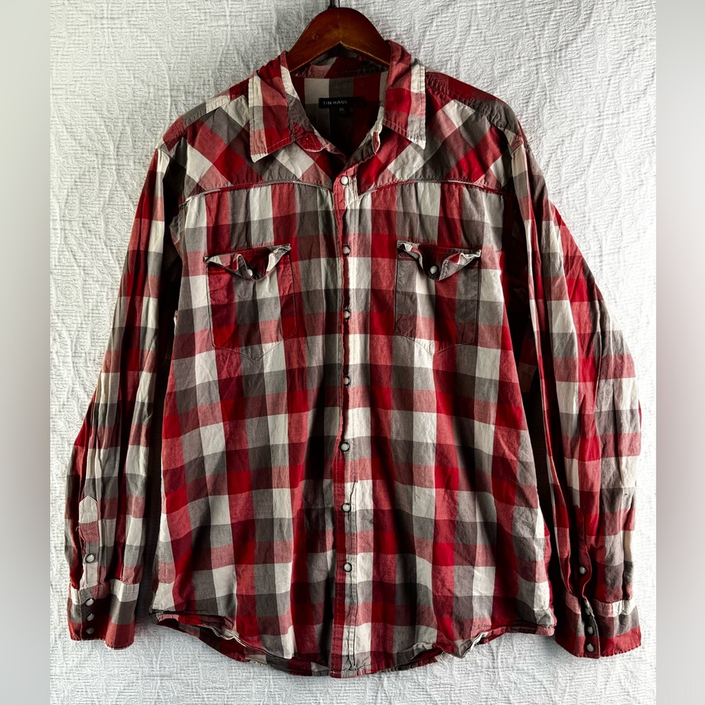 Tin Haul Mens XL Shirt Pearl Snap Western Yoked Plaid Cotton Lightweight Snap Up
